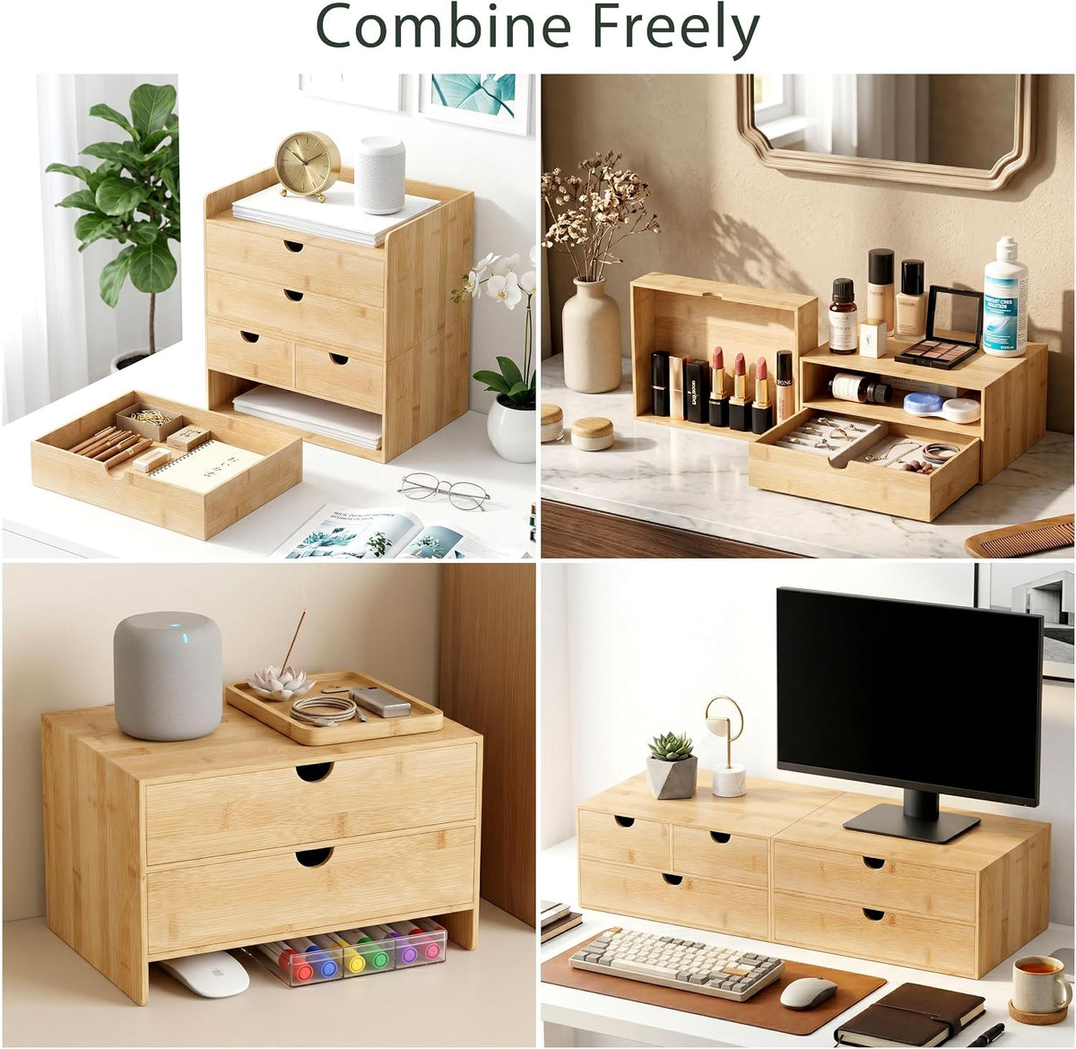 Bamboo Desk Organizer with Drawers, Desktop Storage for Office Supplies