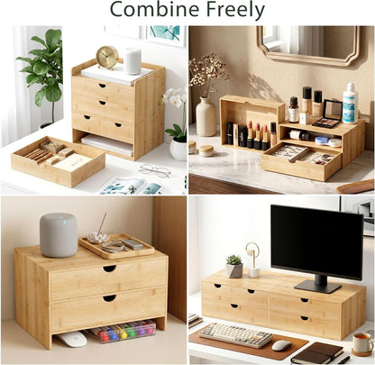 Bamboo Desk Organizer with Drawers, Desktop Storage for Office Supplies
