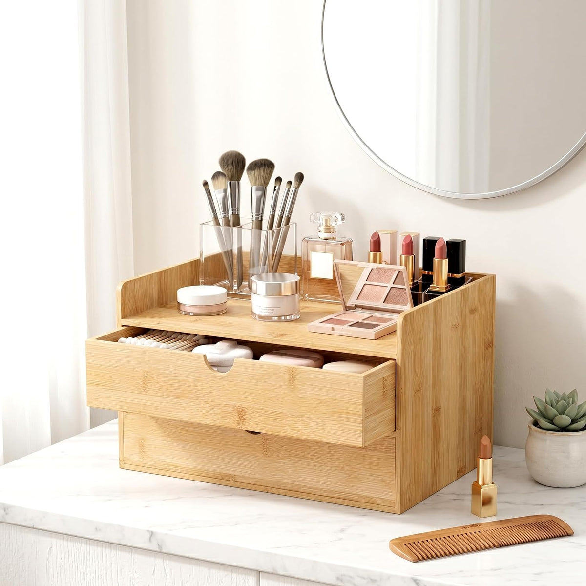 Bamboo Desk Organizer with Drawers, Desktop Storage for Office Supplies