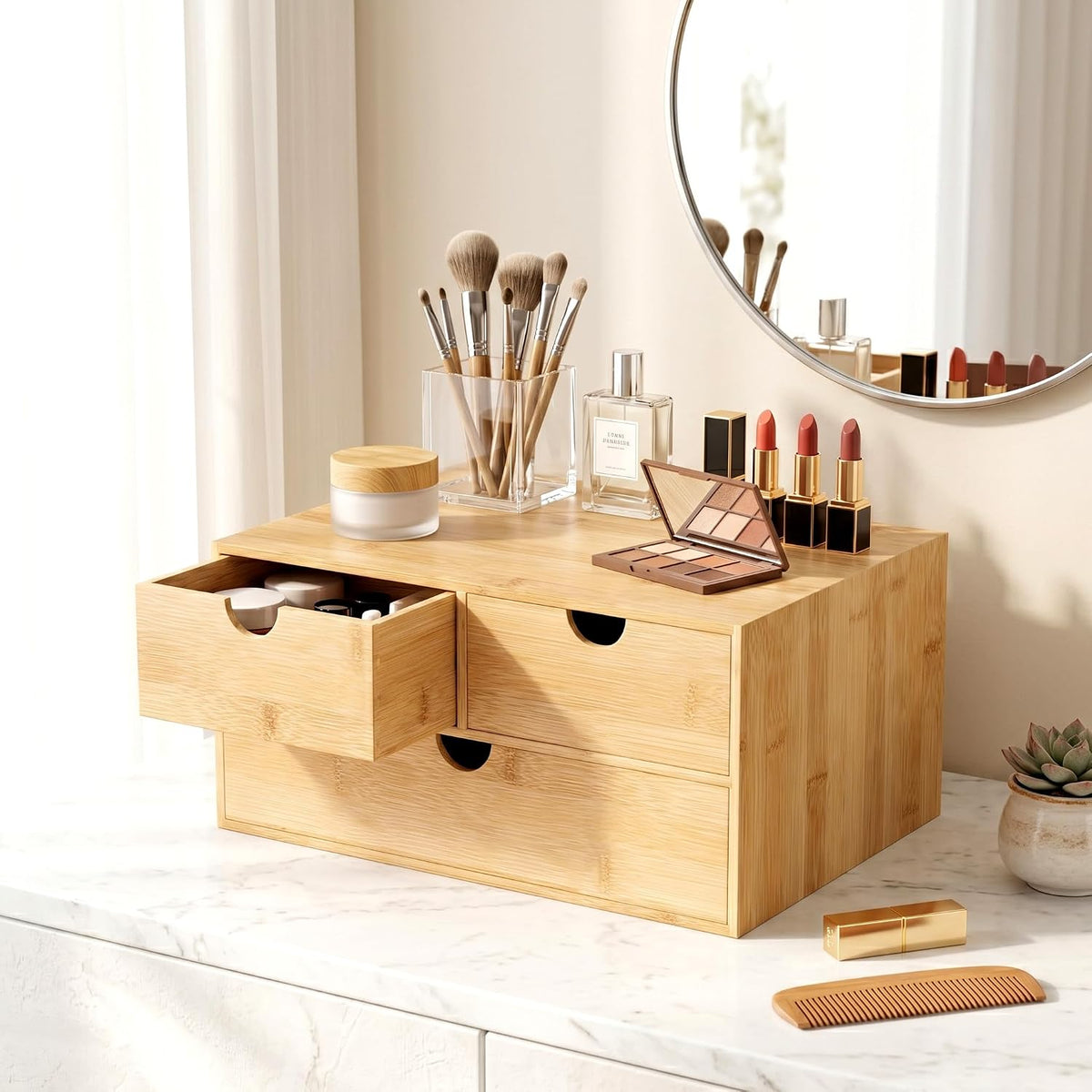 Bamboo Desk Organizer with Drawers, Desktop Storage for Office Supplies
