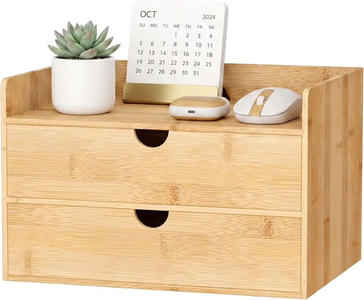 Bamboo Desk Organizer with Drawers, Desktop Storage for Office Supplies