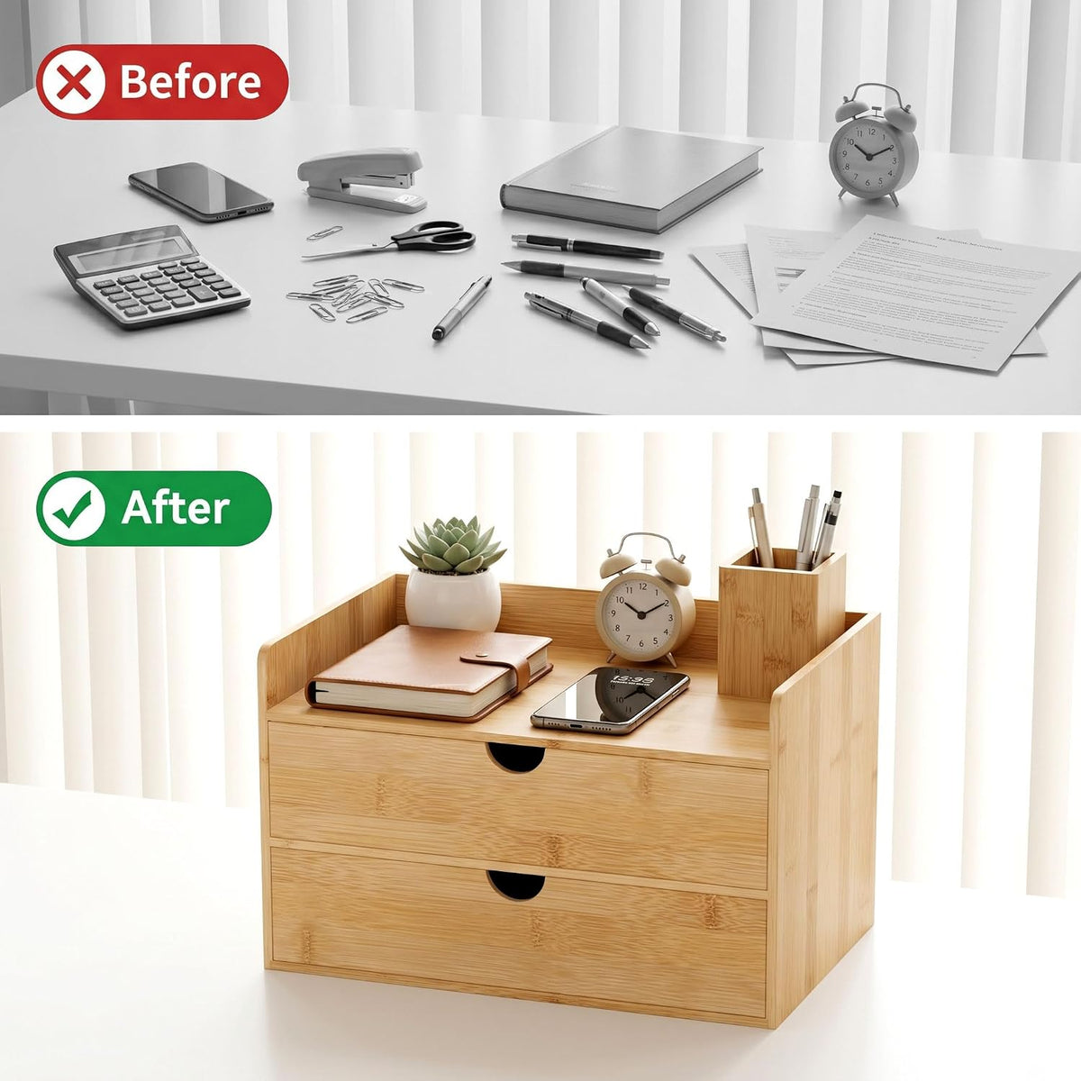 Bamboo Desk Organizer with Drawers, Desktop Storage for Office Supplies