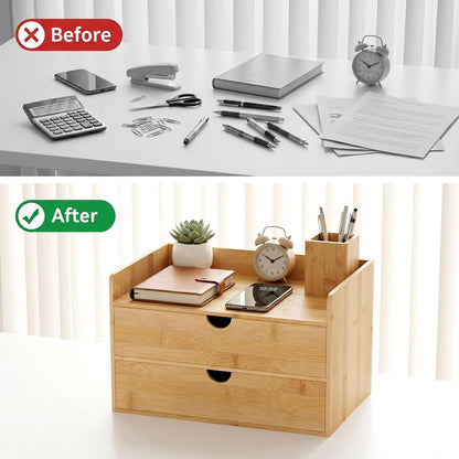 Bamboo Desk Organizer with Drawers, Desktop Storage for Office Supplies