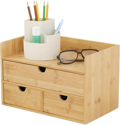 Bamboo Desk Organizer with Drawers, Desktop Storage for Office Supplies