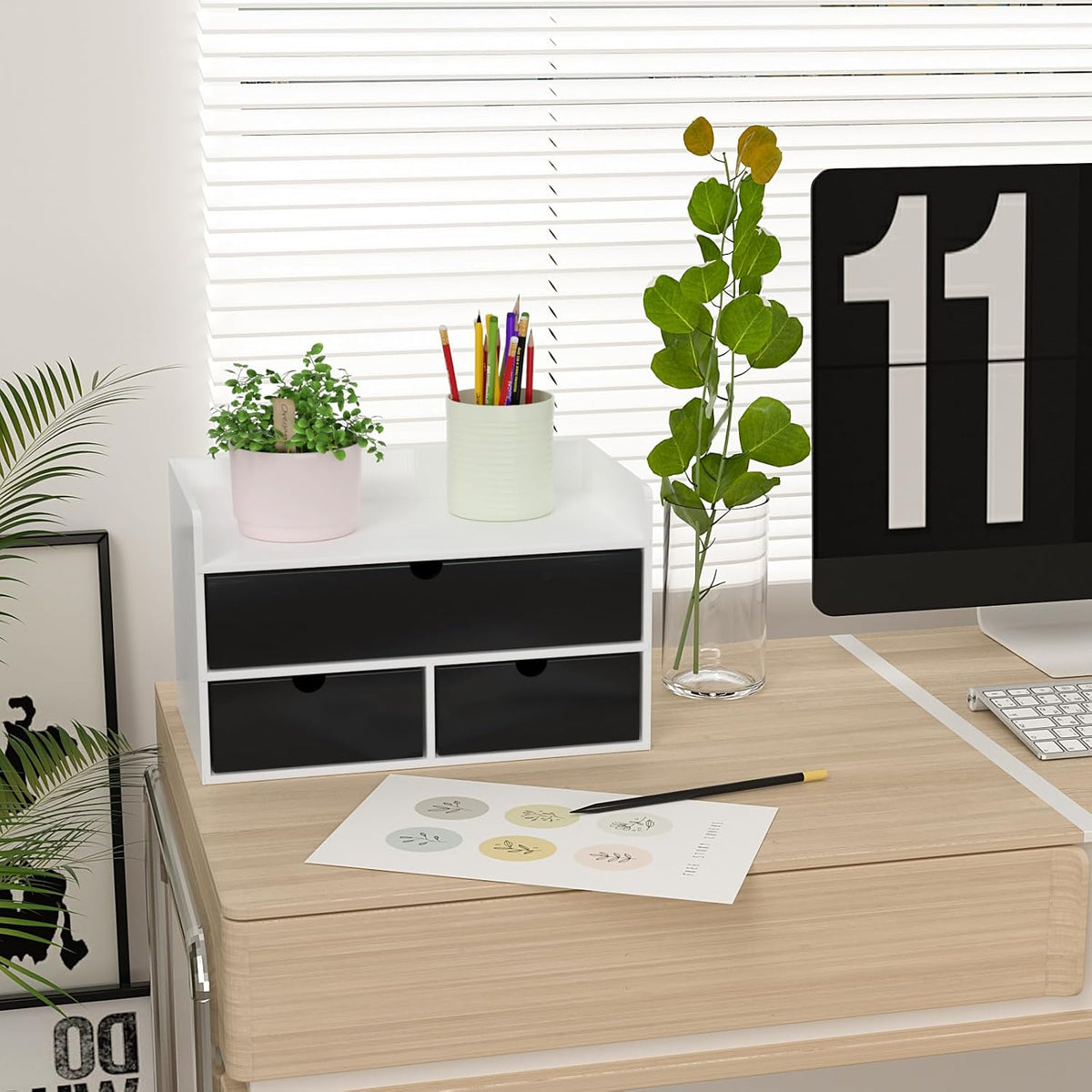 Bamboo Desk Organizer with Drawers, Desktop Storage for Office Supplies