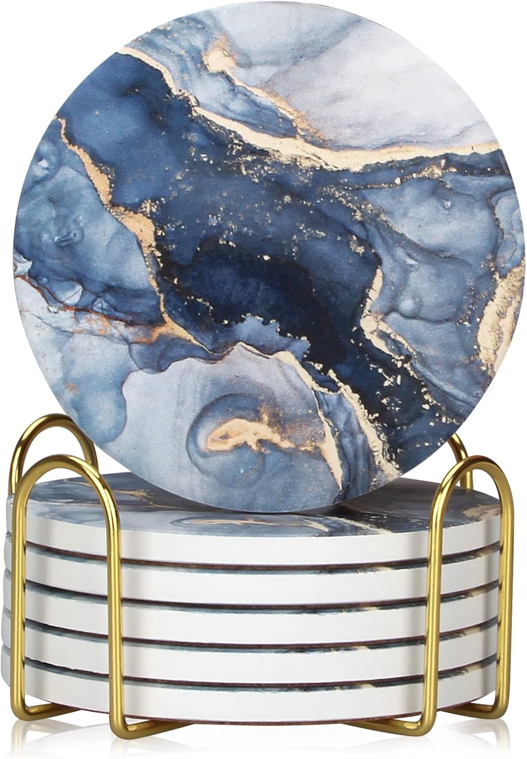 Coasters Set of 6, Navy Blue Marble Abstract Ceramic Coasters with Holder