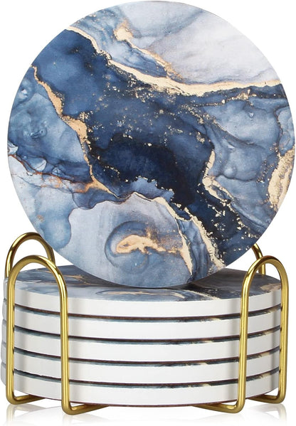 Coasters Set of 6, Navy Blue Marble Abstract Ceramic Coasters with Holder