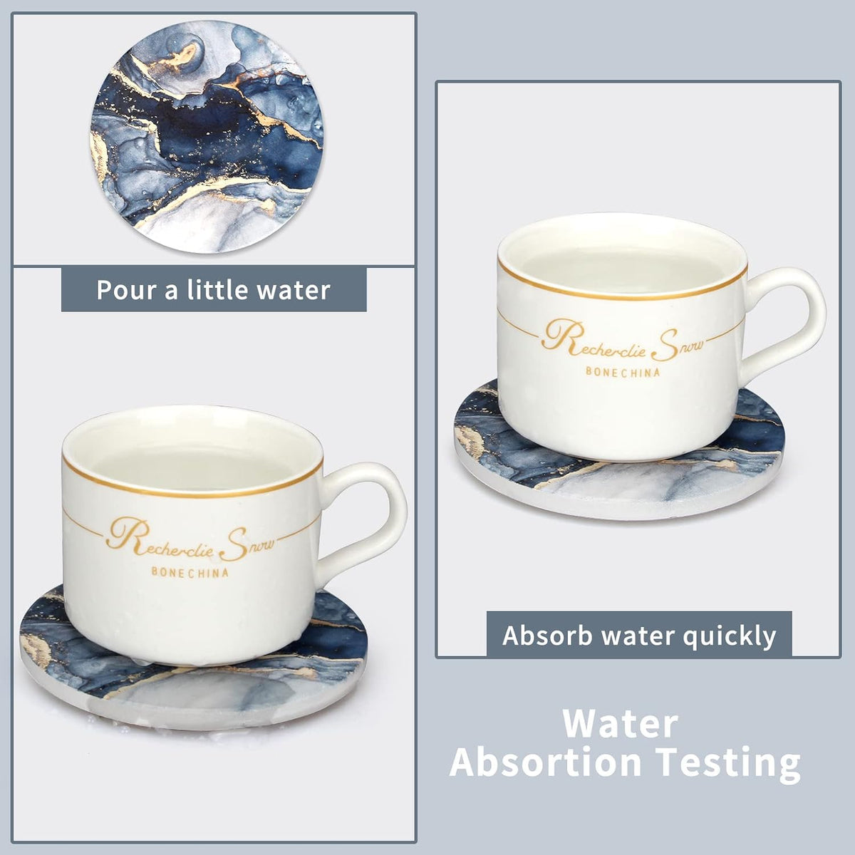 Coasters Set of 6, Navy Blue Marble Abstract Ceramic Coasters with Holder