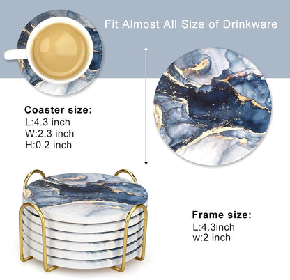 Coasters Set of 6, Navy Blue Marble Abstract Ceramic Coasters with Holder
