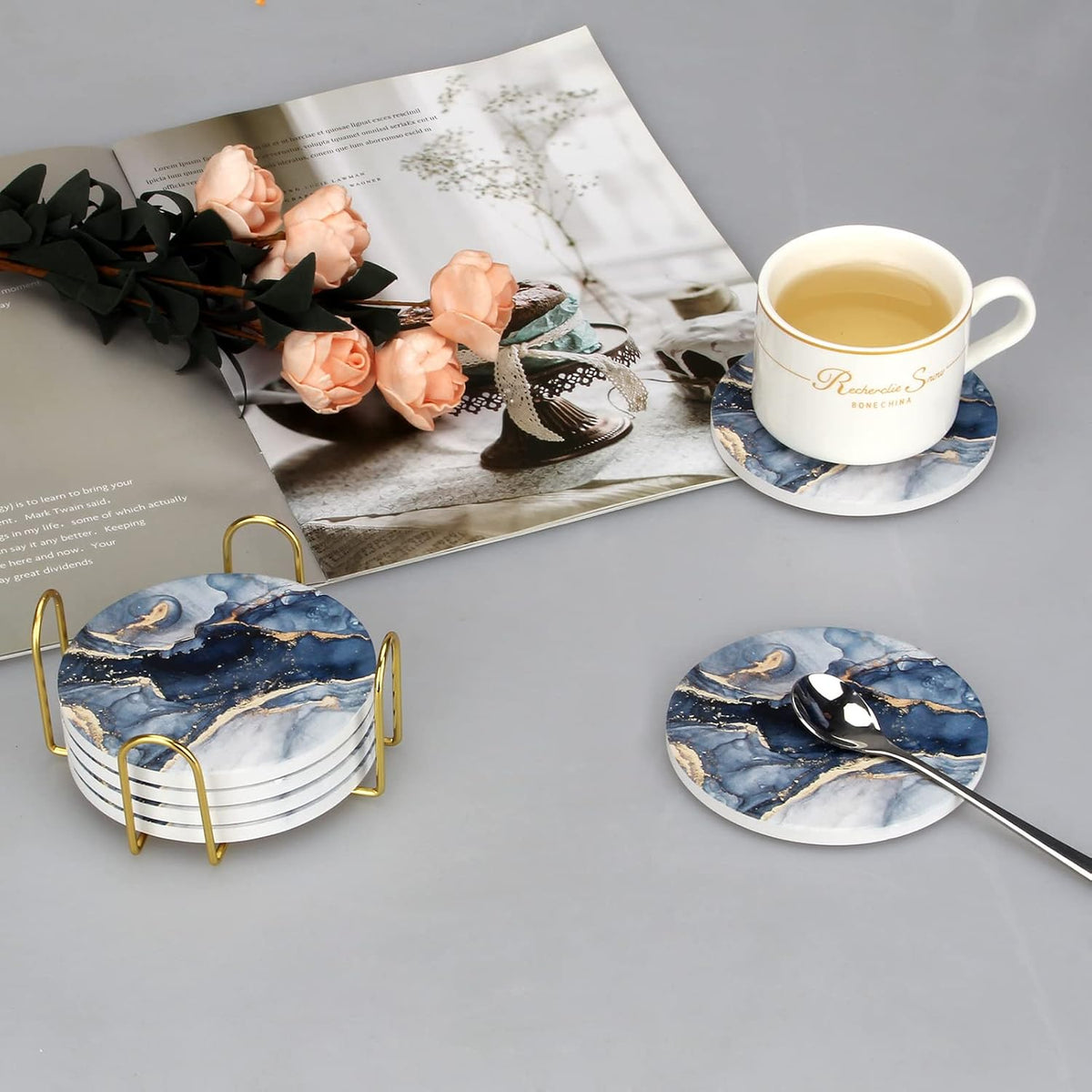 Coasters Set of 6, Navy Blue Marble Abstract Ceramic Coasters with Holder
