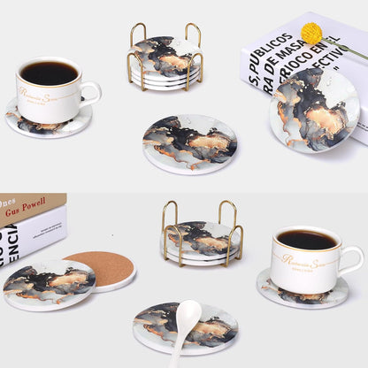 Coasters Set of 6, Navy Blue Marble Abstract Ceramic Coasters with Holder