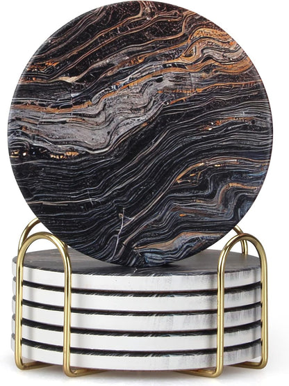 Coasters Set of 6, Navy Blue Marble Abstract Ceramic Coasters with Holder