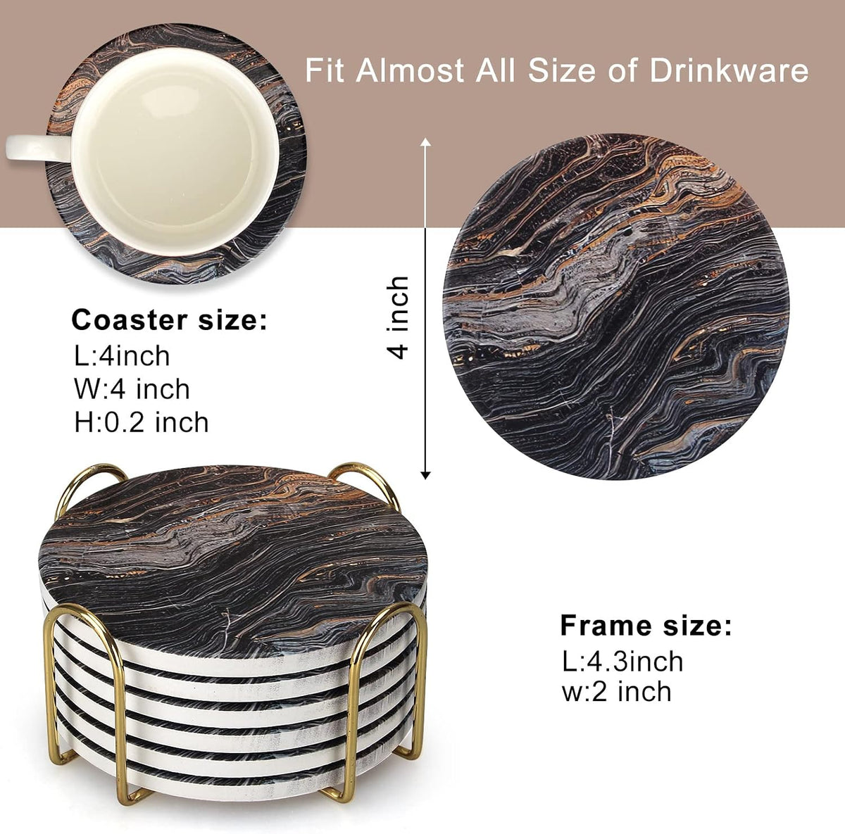 Coasters Set of 6, Navy Blue Marble Abstract Ceramic Coasters with Holder