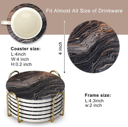 Coasters Set of 6, Navy Blue Marble Abstract Ceramic Coasters with Holder