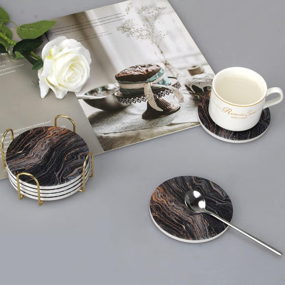 Coasters Set of 6, Navy Blue Marble Abstract Ceramic Coasters with Holder