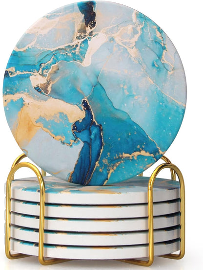 Coasters Set of 6, Navy Blue Marble Abstract Ceramic Coasters with Holder