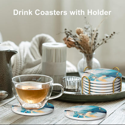 Coasters Set of 6, Navy Blue Marble Abstract Ceramic Coasters with Holder