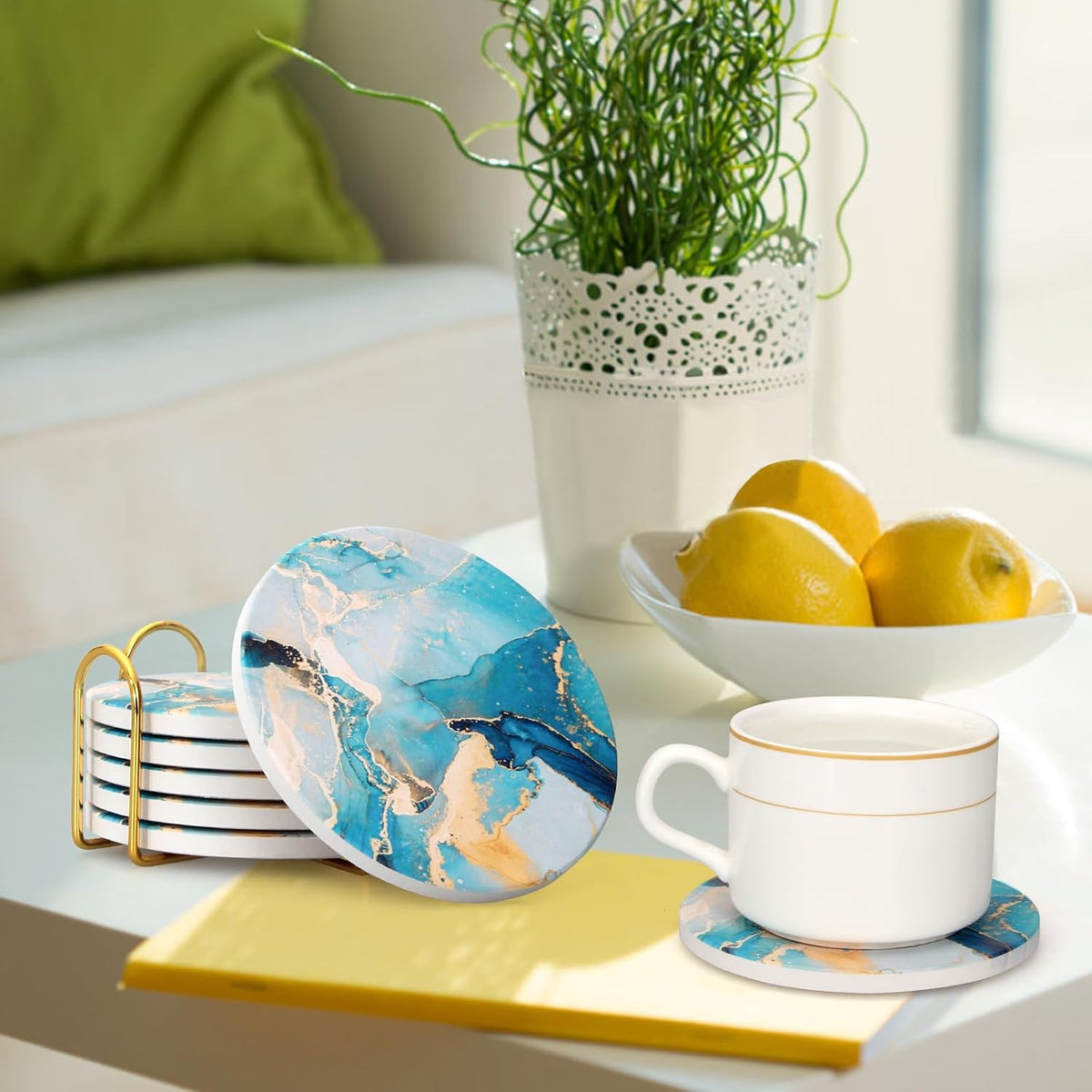 Coasters Set of 6, Navy Blue Marble Abstract Ceramic Coasters with Holder