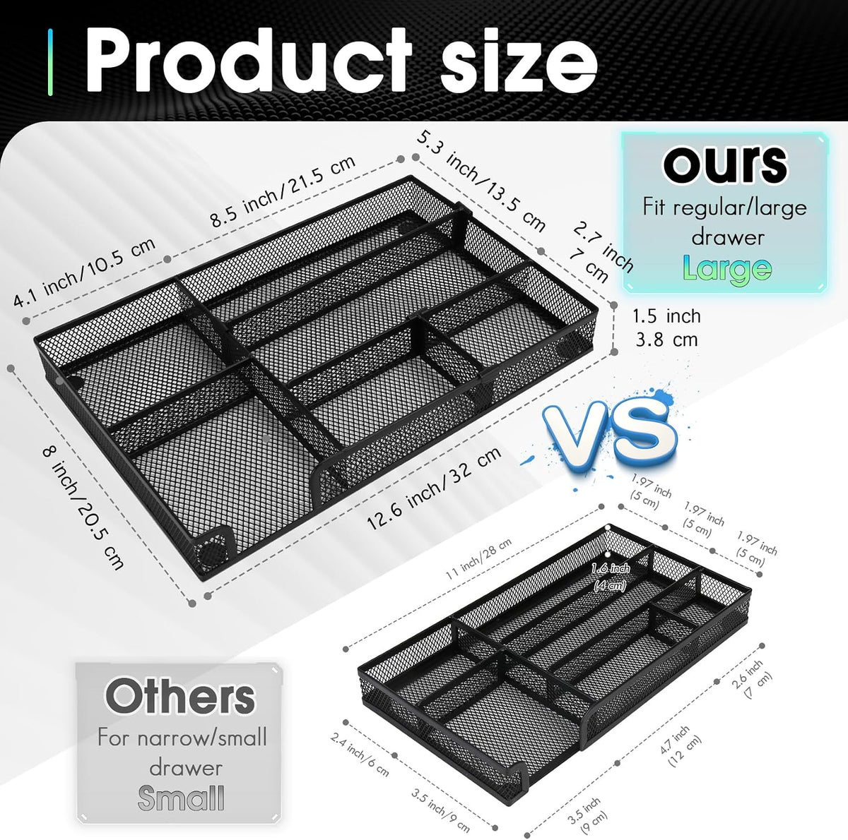 Desk Drawer Organizer, Multi-use Black Metal Mesh Drawer, Desk Drawer Storage Tray for Home Office and School (4 to 6 Grid)