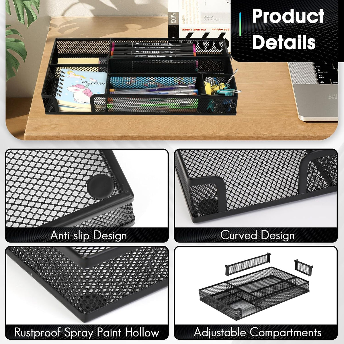 Desk Drawer Organizer, Multi-use Black Metal Mesh Drawer, Desk Drawer Storage Tray for Home Office and School (4 to 6 Grid)
