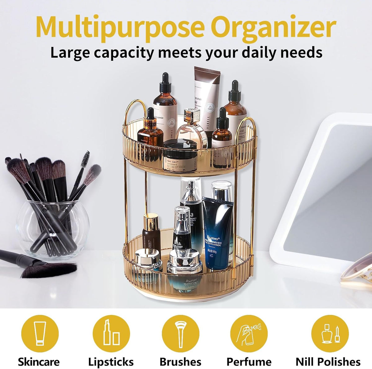 360 Rotating Makeup Organizer for Vanity,2 Tier Large Capacity Skincare Organizers,Bathroom Counter Organizer, Spinning Perfume Organizer & Vanity Organizer (Green-2 Tier)