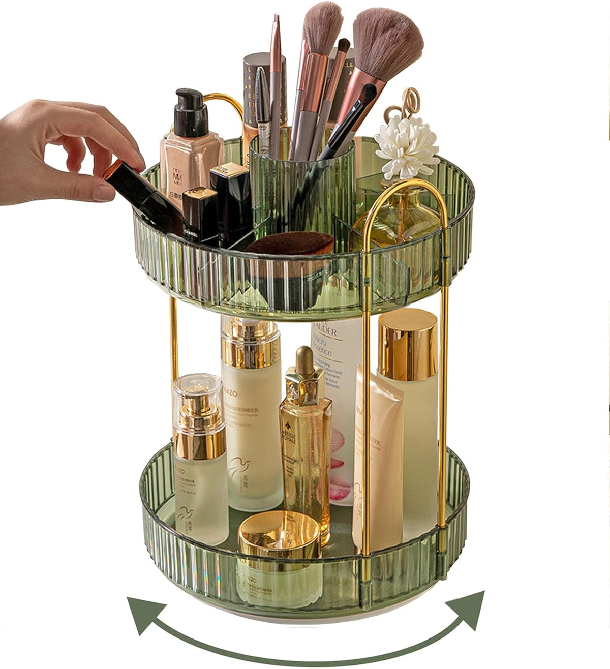 360 Rotating Makeup Organizer for Vanity,2 Tier Large Capacity Skincare Organizers,Bathroom Counter Organizer, Spinning Perfume Organizer & Vanity Organizer (Green-2 Tier)