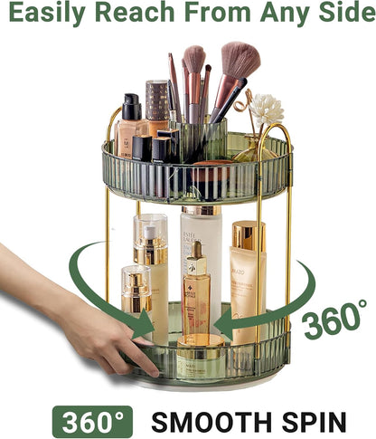 360 Rotating Makeup Organizer for Vanity,2 Tier Large Capacity Skincare Organizers,Bathroom Counter Organizer, Spinning Perfume Organizer & Vanity Organizer (Green-2 Tier)