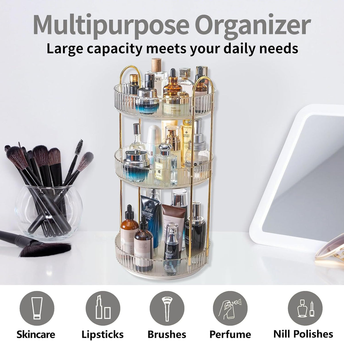 360 Rotating Makeup Organizer for Vanity,2 Tier Large Capacity Skincare Organizers,Bathroom Counter Organizer, Spinning Perfume Organizer & Vanity Organizer (Green-2 Tier)