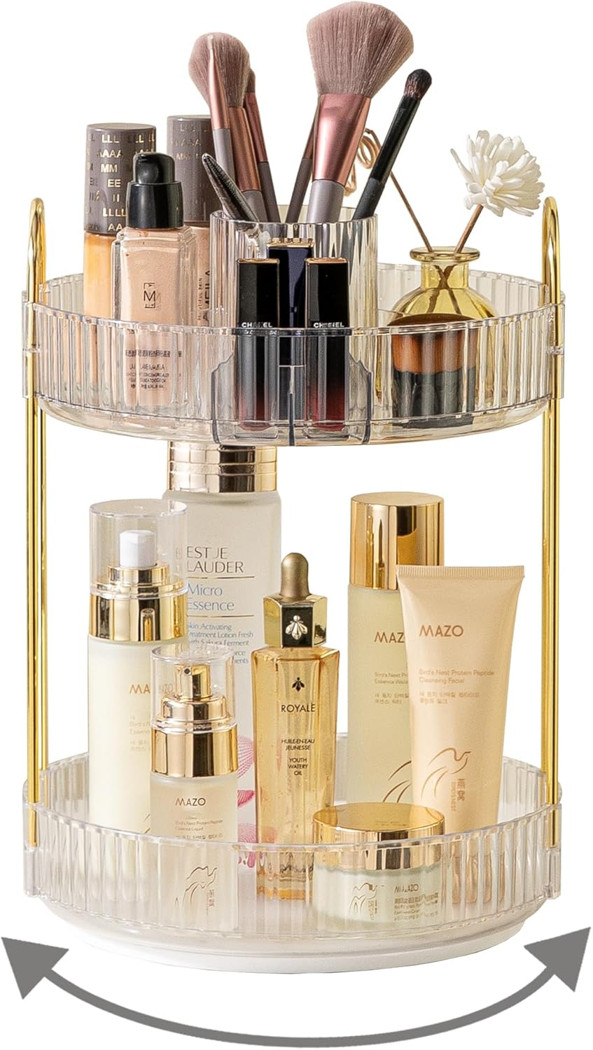 360 Rotating Makeup Organizer for Vanity,2 Tier Large Capacity Skincare Organizers,Bathroom Counter Organizer, Spinning Perfume Organizer & Vanity Organizer (Green-2 Tier)