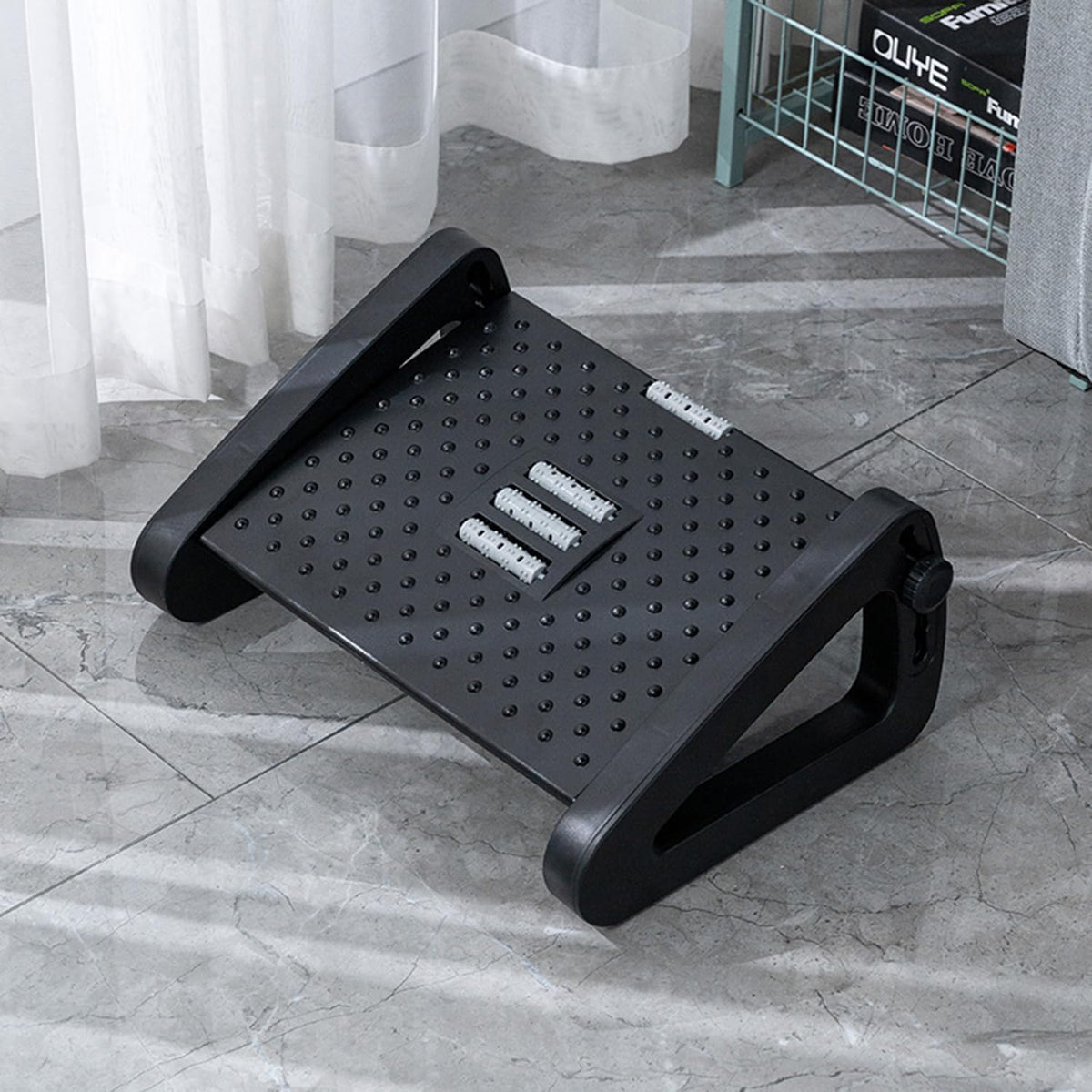 Foot Stool Under Desk,Featuring a Massage Roller,‌Ergonomic Design‌,6-Position Incline Adjustment,to Relieve Leg Fatigue in Seated workspaces.