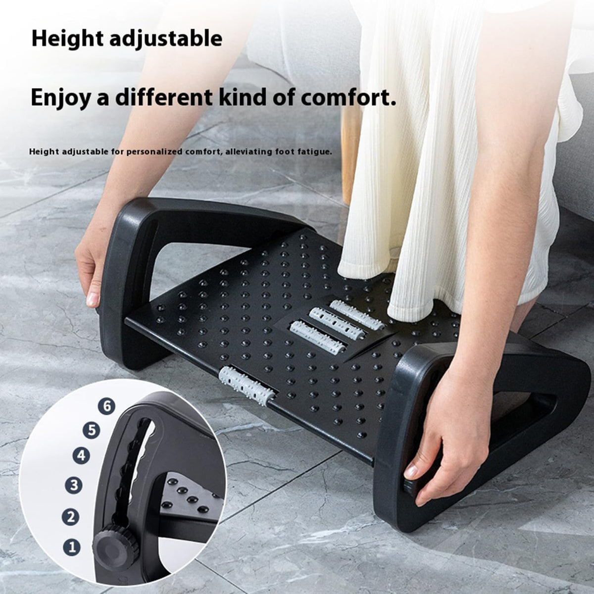 Foot Stool Under Desk,Featuring a Massage Roller,‌Ergonomic Design‌,6-Position Incline Adjustment,to Relieve Leg Fatigue in Seated workspaces.