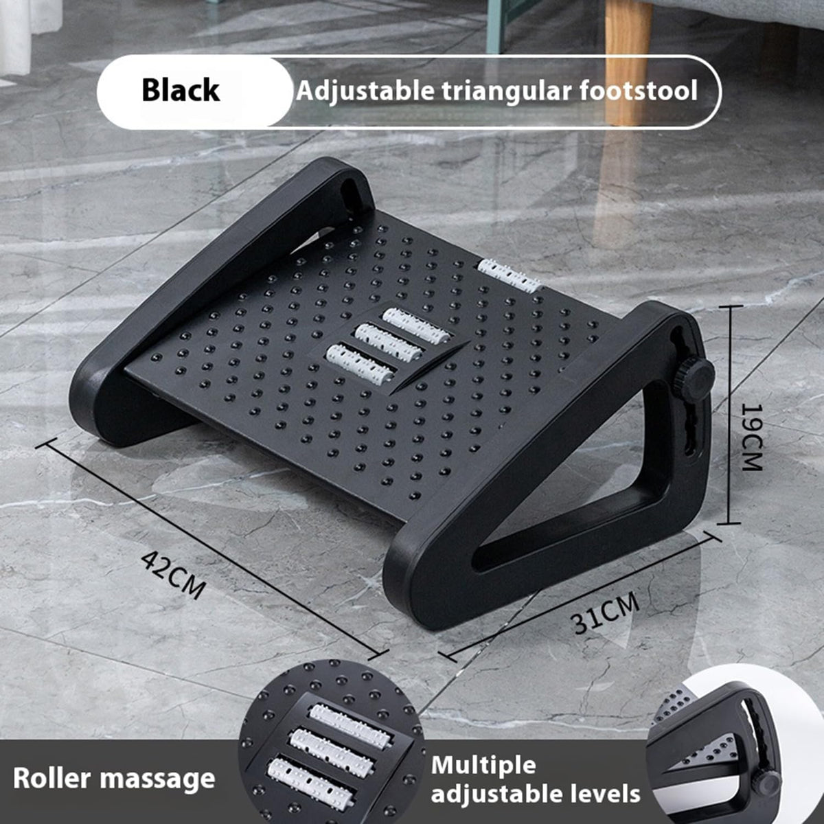 Foot Stool Under Desk,Featuring a Massage Roller,‌Ergonomic Design‌,6-Position Incline Adjustment,to Relieve Leg Fatigue in Seated workspaces.