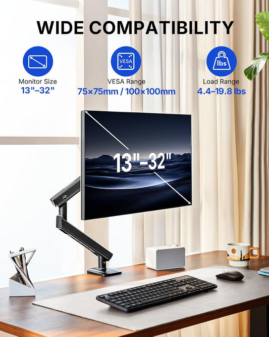 FlowLift™ Pro Monitor Arm for 13–32" Screens, MechaSpring Monitor Mount, Fully-Adjustable Monitor Stand with Tilt/Swivel/Rotation, Tool-Free VESA Mount, C-Clamp/Grommet Base, Max Load 19.8 lbs