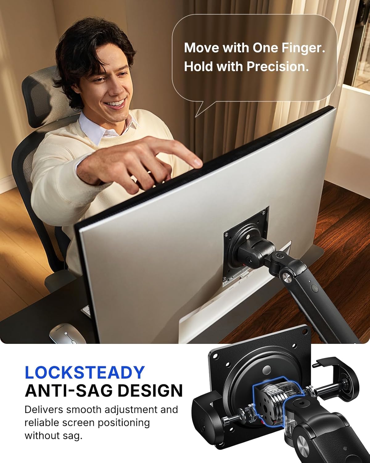 FlowLift™ Pro Monitor Arm for 13–32" Screens, MechaSpring Monitor Mount, Fully-Adjustable Monitor Stand with Tilt/Swivel/Rotation, Tool-Free VESA Mount, C-Clamp/Grommet Base, Max Load 19.8 lbs