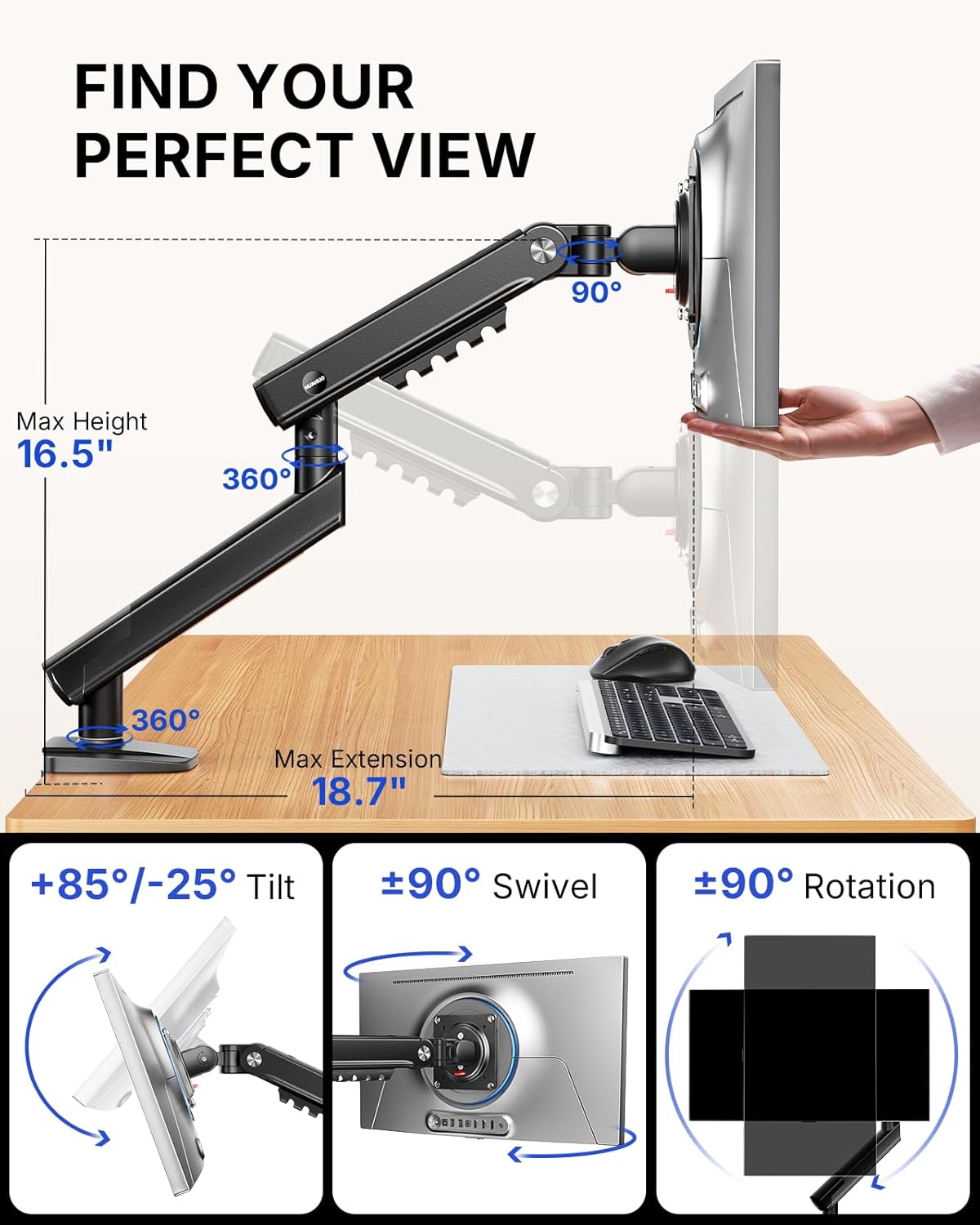 FlowLift™ Pro Monitor Arm for 13–32" Screens, MechaSpring Monitor Mount, Fully-Adjustable Monitor Stand with Tilt/Swivel/Rotation, Tool-Free VESA Mount, C-Clamp/Grommet Base, Max Load 19.8 lbs