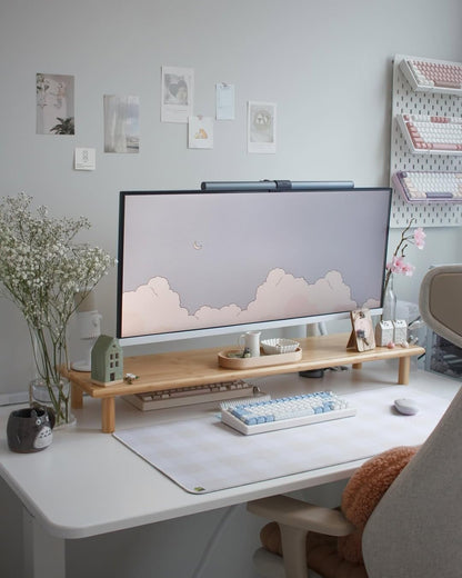 Bamboo Dual Monitor Stand Riser, Natural Desktop Shelf with Storage