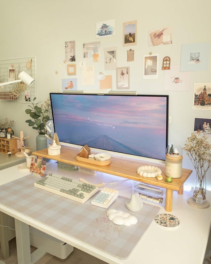 Bamboo Dual Monitor Stand Riser, Natural Desktop Shelf with Storage