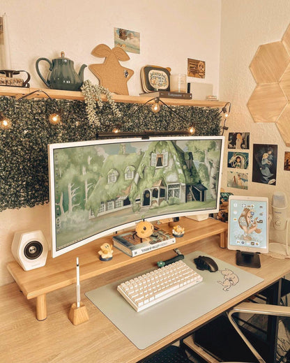 Bamboo Dual Monitor Stand Riser, Natural Desktop Shelf with Storage