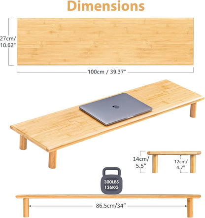 Bamboo Dual Monitor Stand Riser, Natural Desktop Shelf with Storage