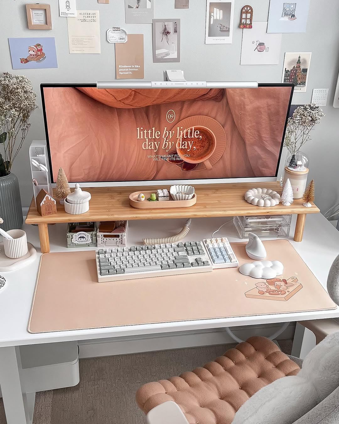 Bamboo Dual Monitor Stand Riser, Natural Desktop Shelf with Storage