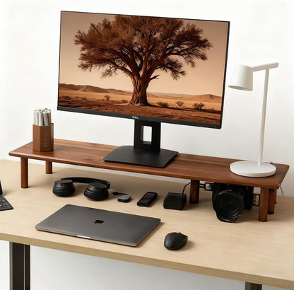 Bamboo Dual Monitor Stand Riser, Natural Desktop Shelf with Storage