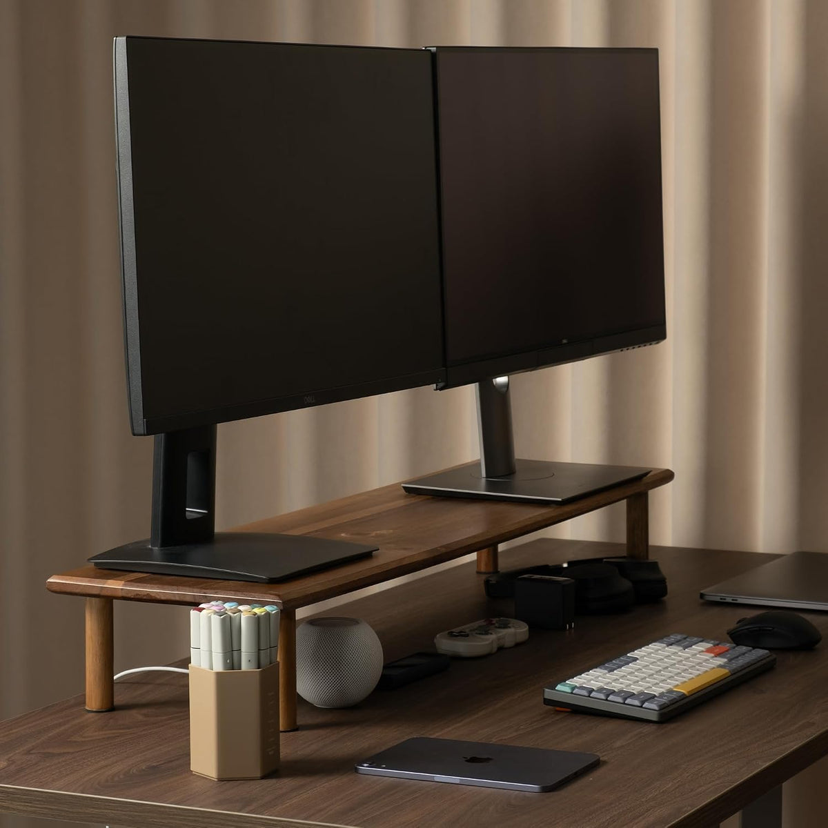 Bamboo Dual Monitor Stand Riser, Natural Desktop Shelf with Storage