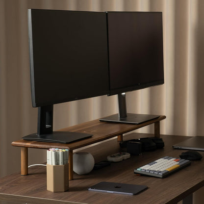Bamboo Dual Monitor Stand Riser, Natural Desktop Shelf with Storage