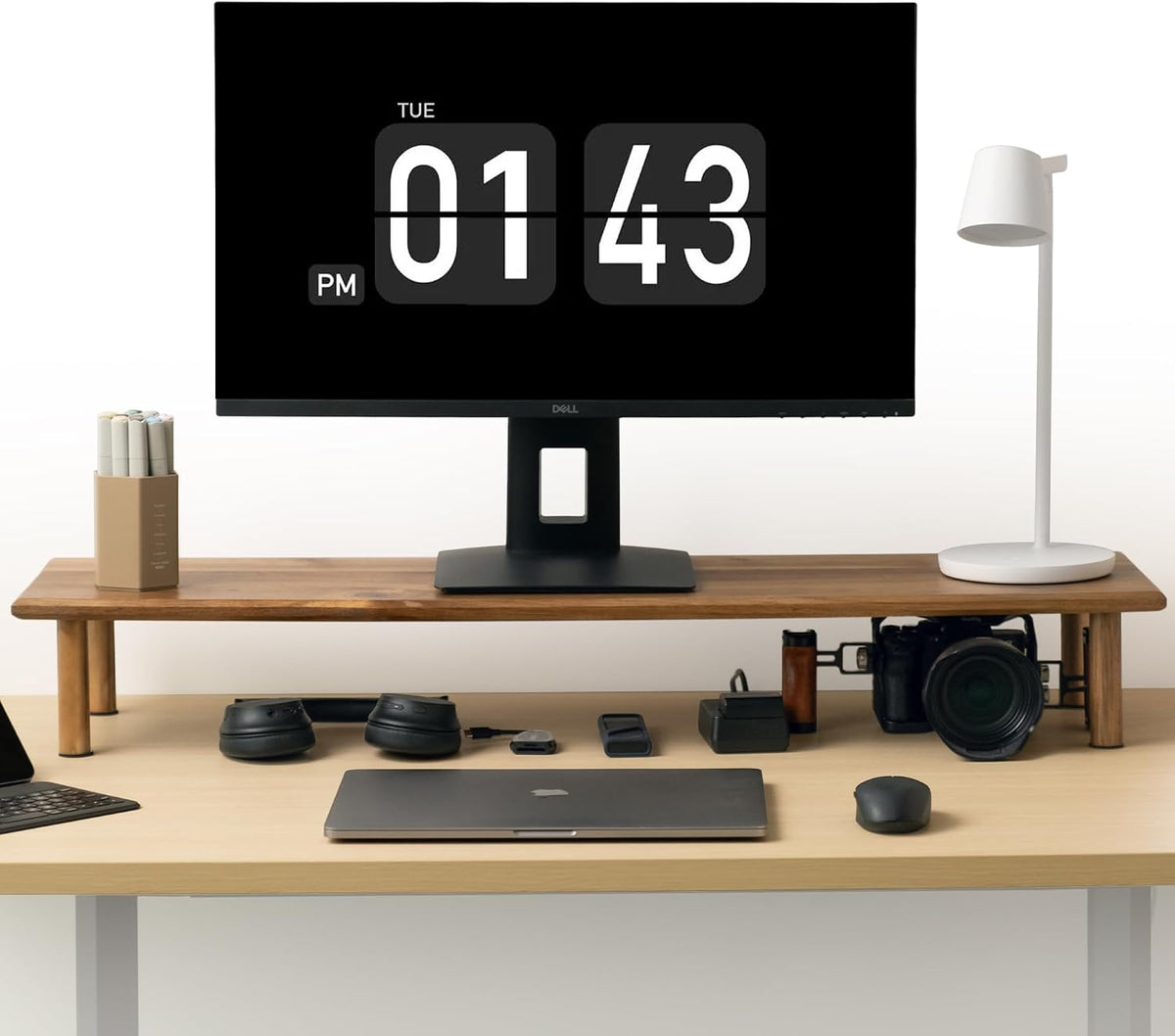 Bamboo Dual Monitor Stand Riser, Natural Desktop Shelf with Storage