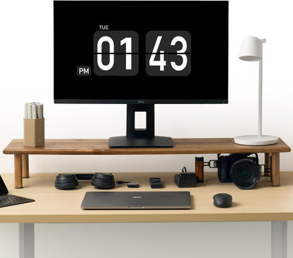 Bamboo Dual Monitor Stand Riser, Natural Desktop Shelf with Storage