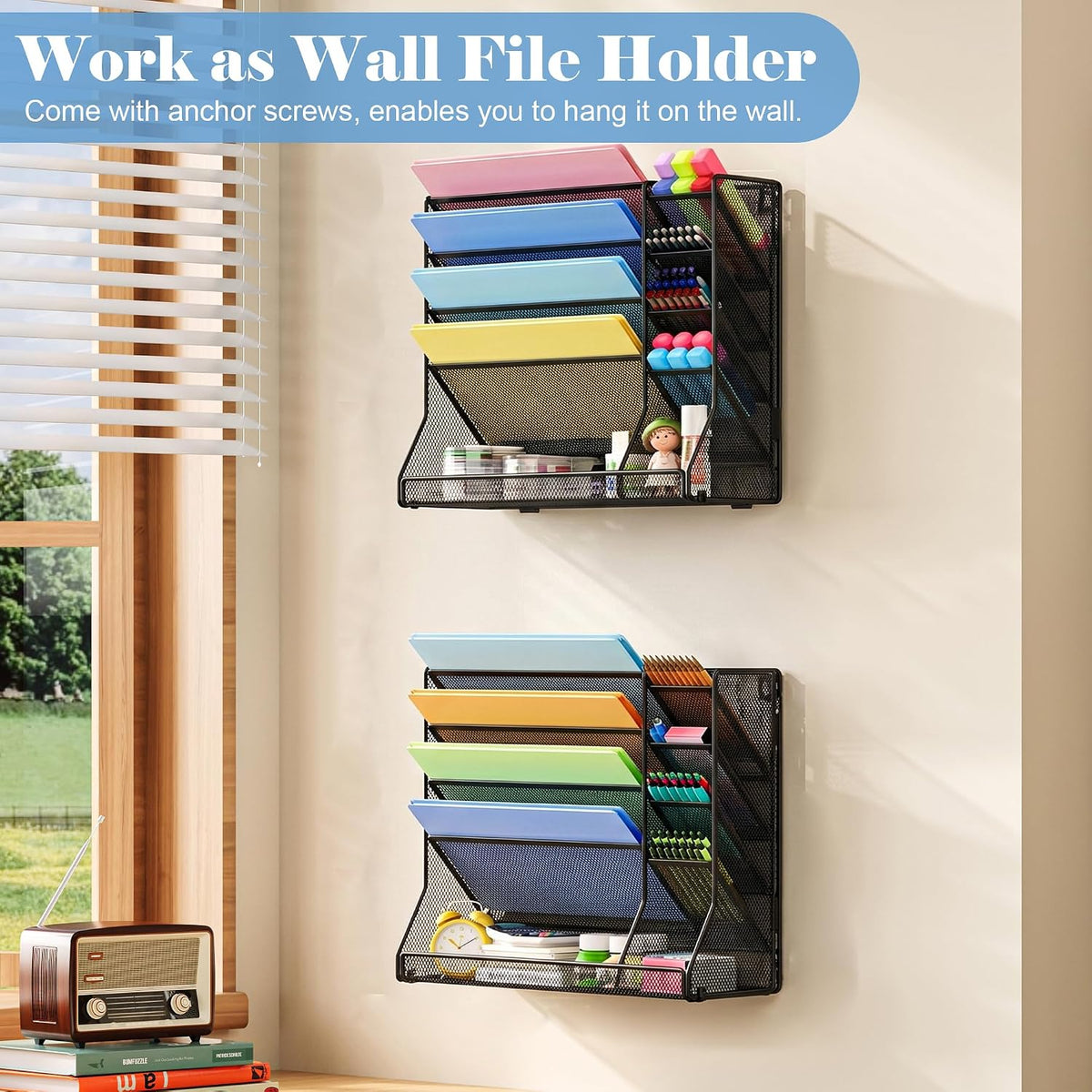 Adjustable 5 Tiers Wall File Organizer Metal Hanging Holder Black