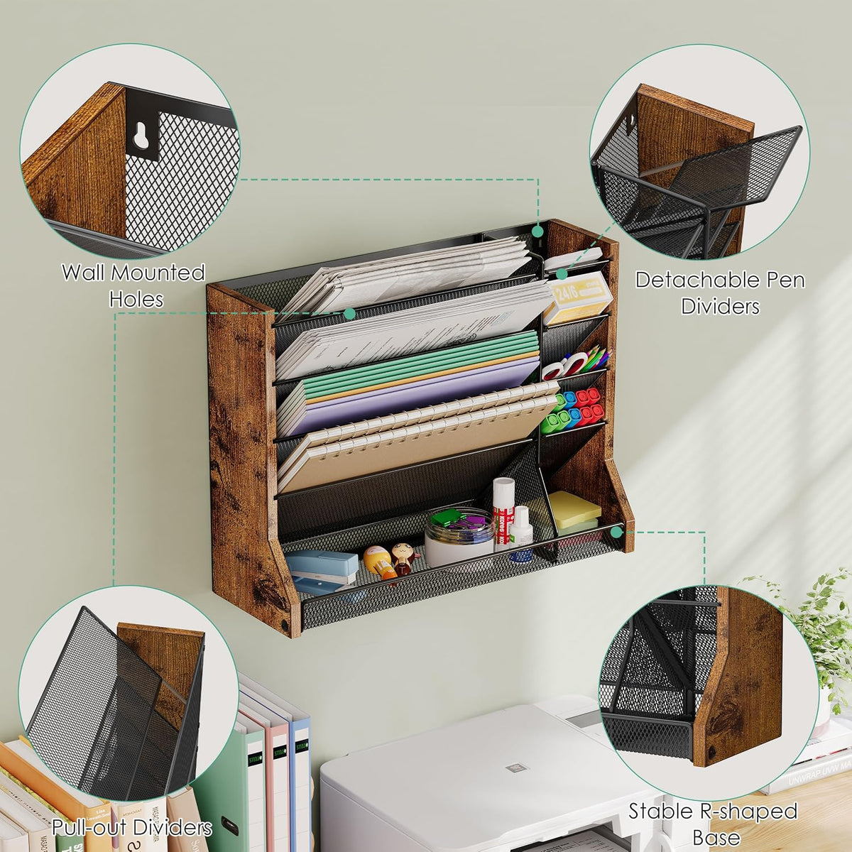 Adjustable 5 Tiers Wall File Organizer Metal Hanging Holder Black