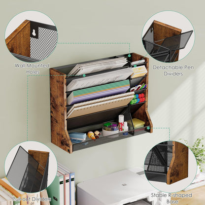 Adjustable 5 Tiers Wall File Organizer Metal Hanging Holder Black