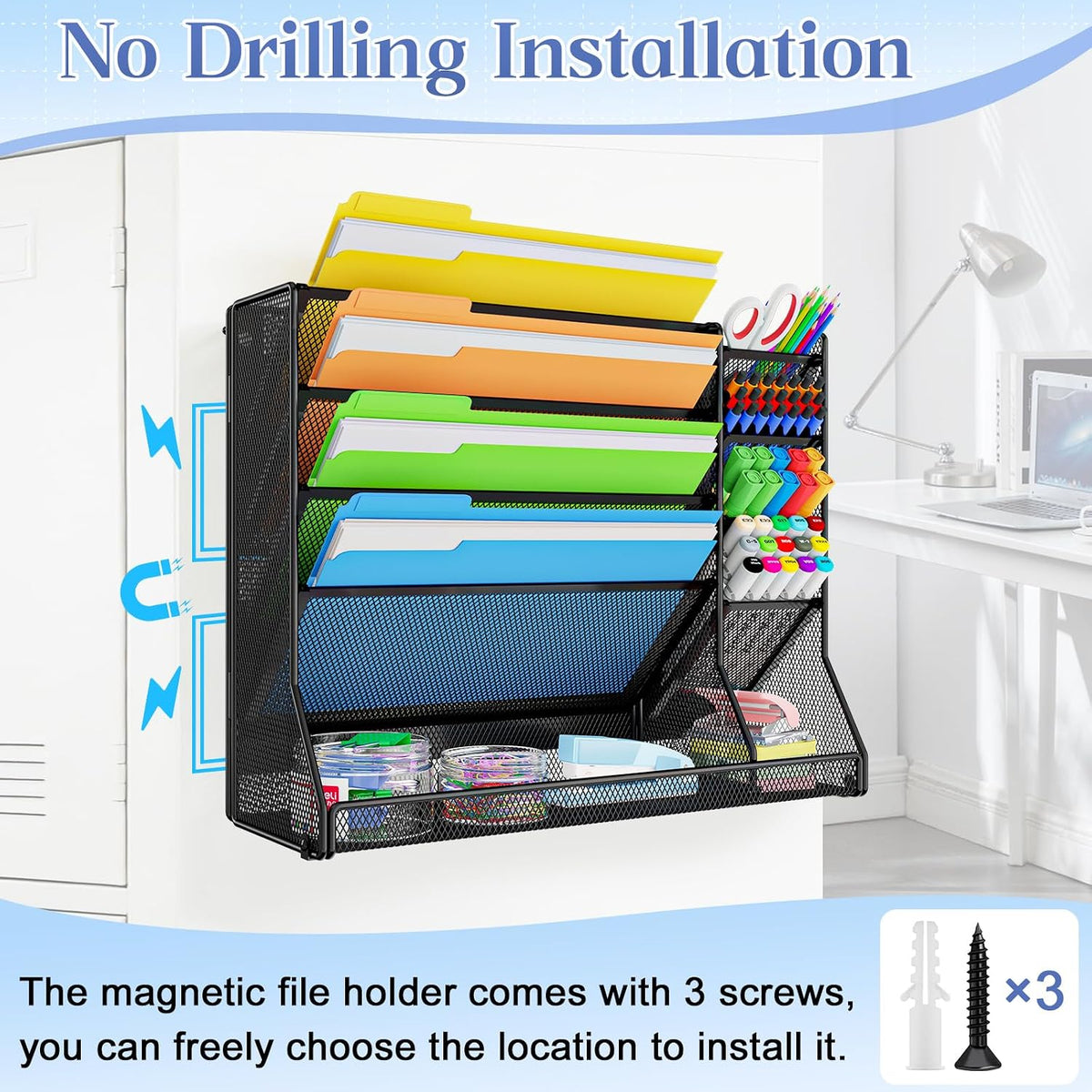 Adjustable 5 Tiers Wall File Organizer Metal Hanging Holder Black