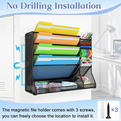 Adjustable 5 Tiers Wall File Organizer Metal Hanging Holder Black